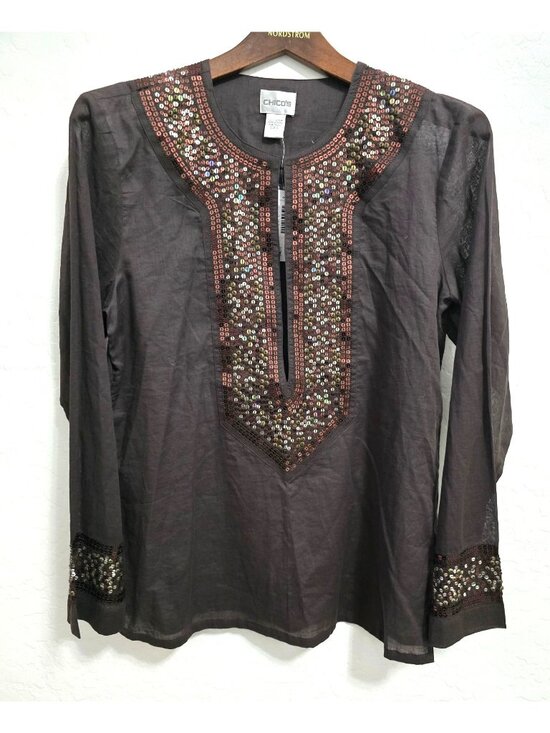 Chico's Tops - NWT Chicos Size 0 Bronze/Brown Gild Livian Long Sleeve Tunic Sequins 100% Cotton